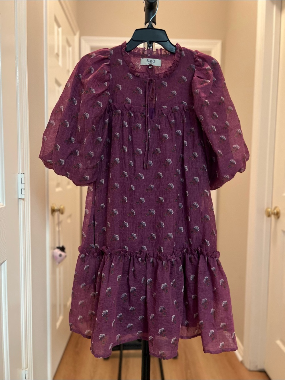 Sea New York Plum Puff-Sleeve Floral Babydoll Dress